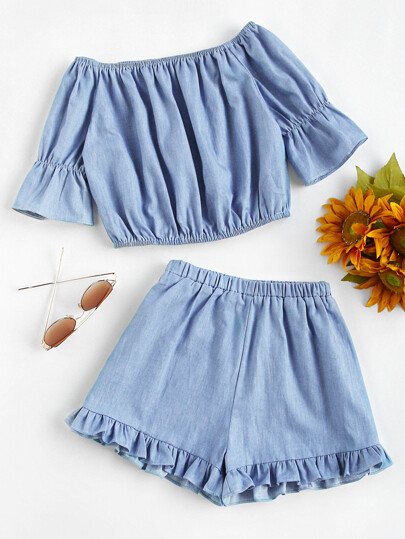 Bardot Crop Top With Frill Hem Shorts