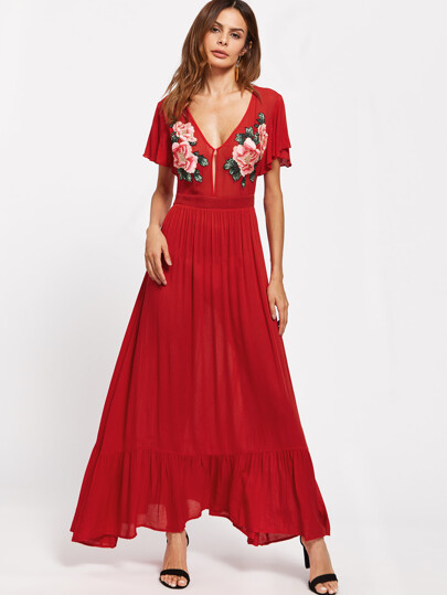 Symmetrical Embroidery Patch Flutter Sleeve Ruffle Hem Dress