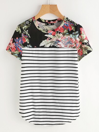 Mixed Print Dolphin Hem Cut And Sew Tee