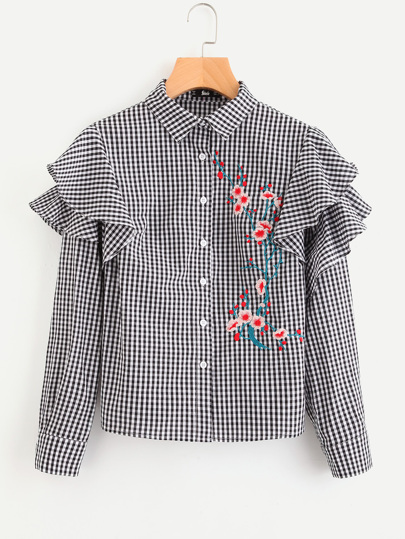 Blusa de cuadros con bordado de flor con volante a capas