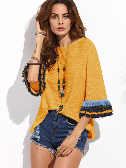 Layered Fringe Detail Fluted Sleeve Slub Tee