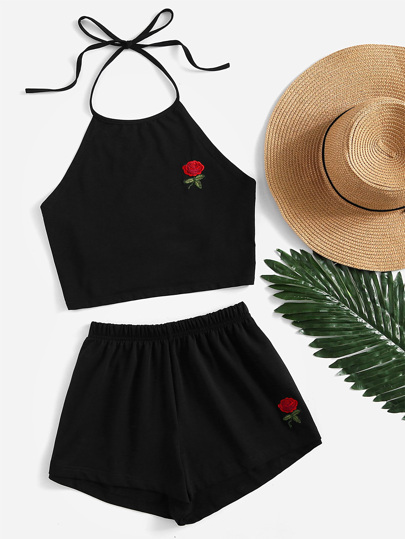 Rose Embroidered Tie Back Halter Top And Shorts Co-Ord