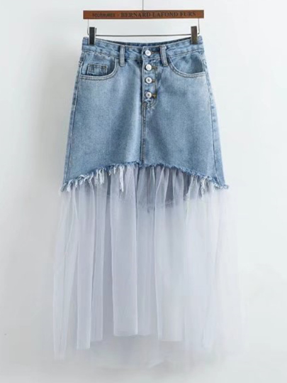 Contrast Mesh Frayed Detail Denim Skirt