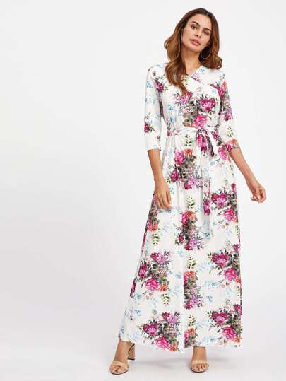 Allover Florals Surplice Neckline Self Tie Dress