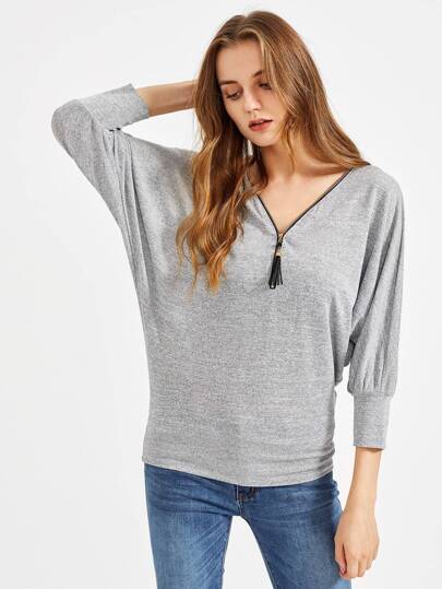 Tasseled Zip Neckline Heathered Dolman Sweatshirt