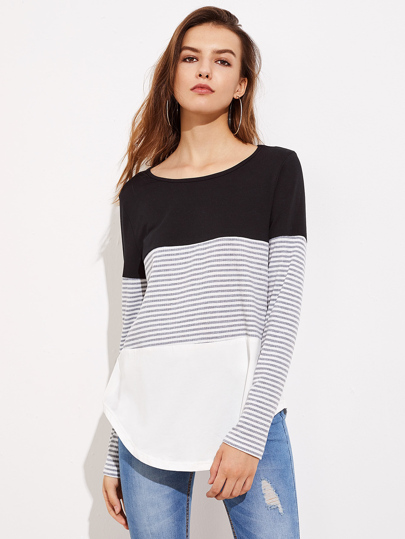 Striped Cut And Sew Curved Hem Tee
