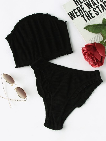 Frill Trim Ribbed Bandeau Top With Tanga Brief
