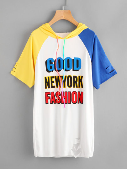 Contrast Raglan Sleeve Ripped Raw Binding Printed Longline Tee