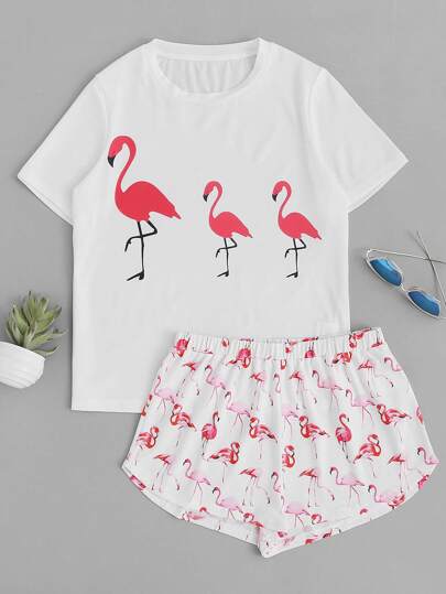 Allover Flamingo Print Top With Shorts Pajama Set