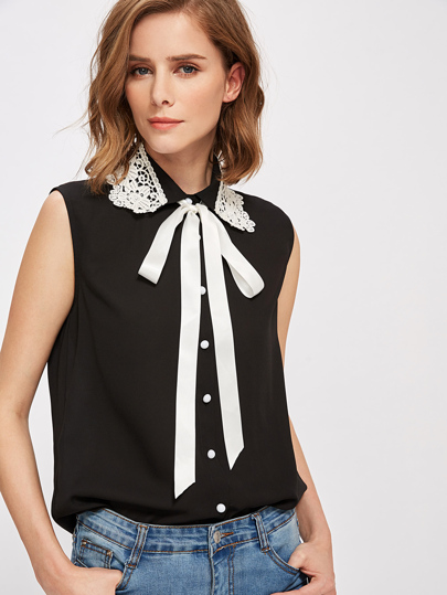 Lace Applique Collar Tie Neck Blouse