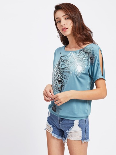 Feather Print Split Shoulder Tee