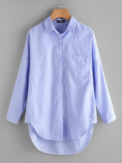 Dolphin Hem Fold Pleat Back Gingham Shirt