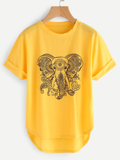 Ornate Elephant High Low Curved Hem Cuffed Tee