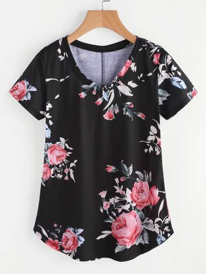 V Neckline Random Florals Tee