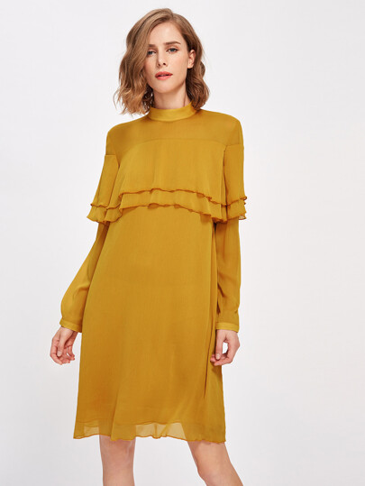 Mock Neck Layered Flounce Trim Dress