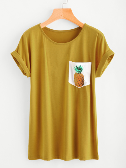 Camiseta con estampado de piña en contraste con bocamanga enrollada