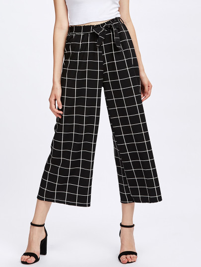 Pantalons jambe large imprimé à carreaux avec un lacet