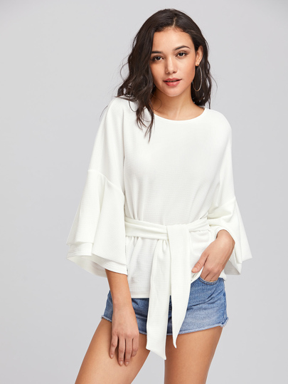 Tie Front Layered Trumpet Sleeve Textured Top