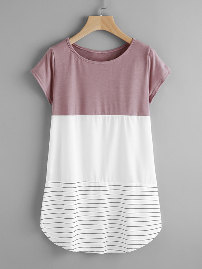 T-shirt a strisce con applique in pizzo