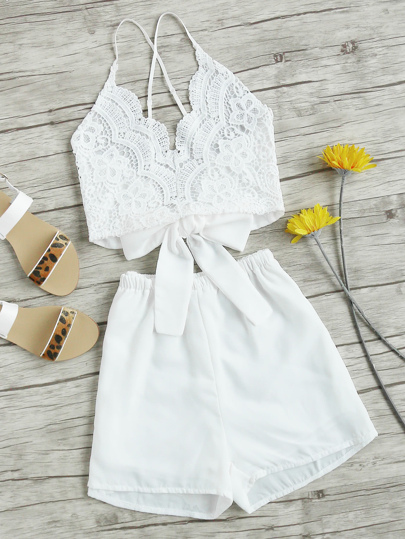 Lace Panel Criss Cross Bow Tie Back Cami Top With Shorts