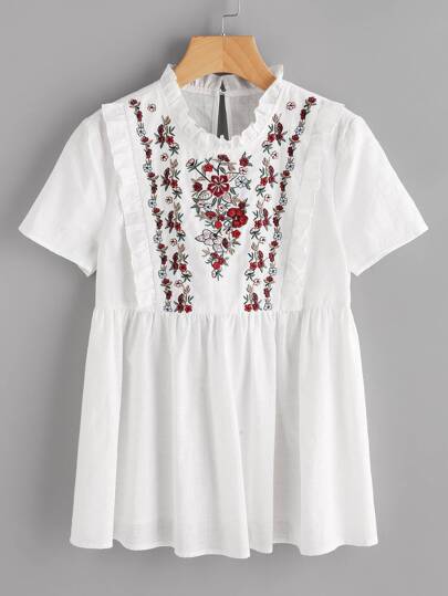 Embroidered Yoke Frill Trim Smock Top