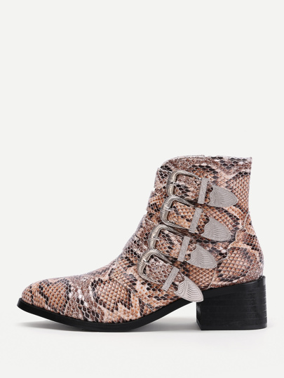Bottes de cheville en PU imprimées de peau du serpent avec boucles