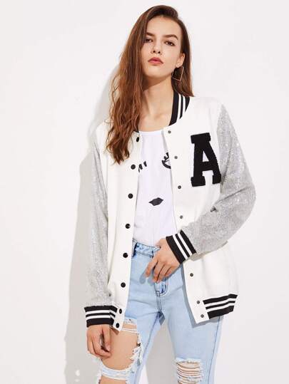 Baseball Jacke mit A Flicken, Ärmeln mit Pailletten und Streifen