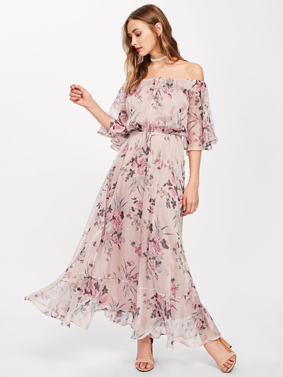 Vestido botánico de hombro al aire con cordón con manga acampanada