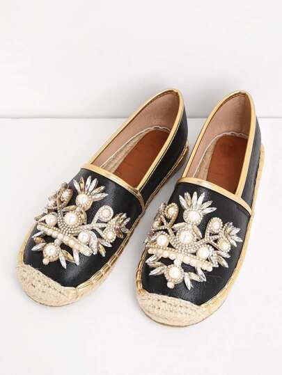 Faux Pearl & Rhinestone Cap Toe Flats