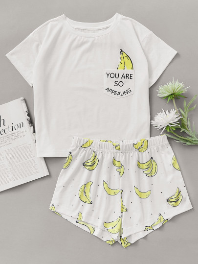 Banana Print Pocket Front Top With Shorts Pajama Set