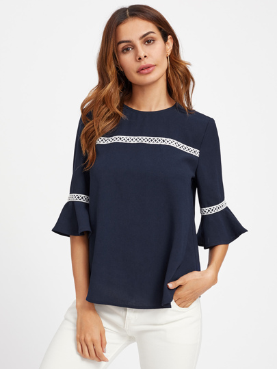 Crochet Detail Fluted Sleeve Blouse