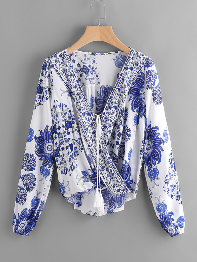 Surplice Neckline Tassel Tie Printed Blouse