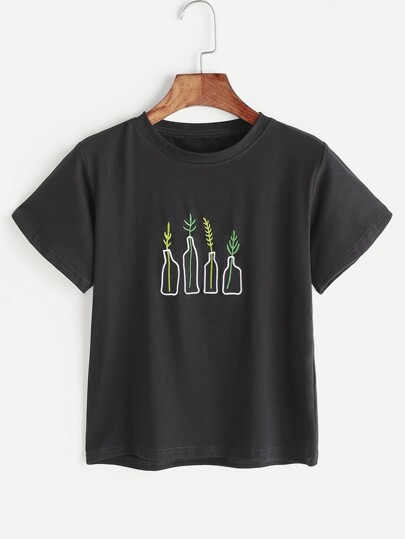 Camiseta con bordado de plantas - blanco