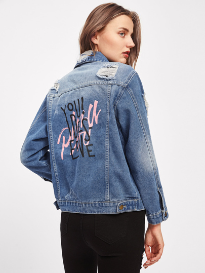 Blouson rétro imprimé des lettres rincé en denim