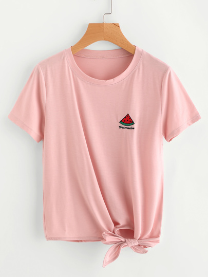 T-Shirt mit Wassermelonestickerei und Knoten auf den Seiten