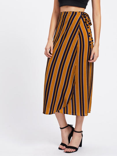 Vertical Striped Tie Detail Wrap Skirt