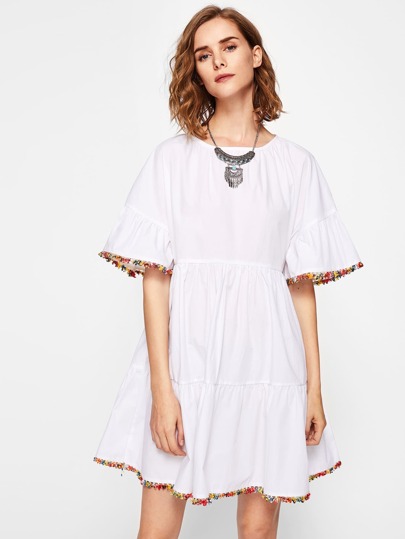 Colorful Trim Trumpet Sleeve Tiered Dress