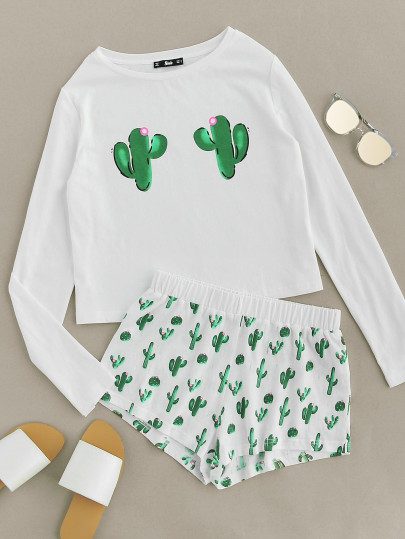 Camiseta con estampado de cacto con short