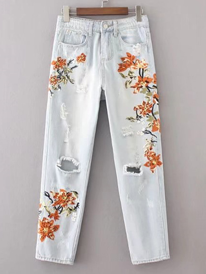 Flower Embroidery Ripped Detail Jeans