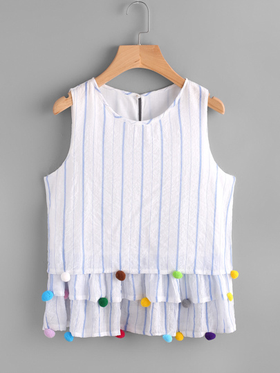 Vertical Striped Pom Pom Trim Tiered Hem Top
