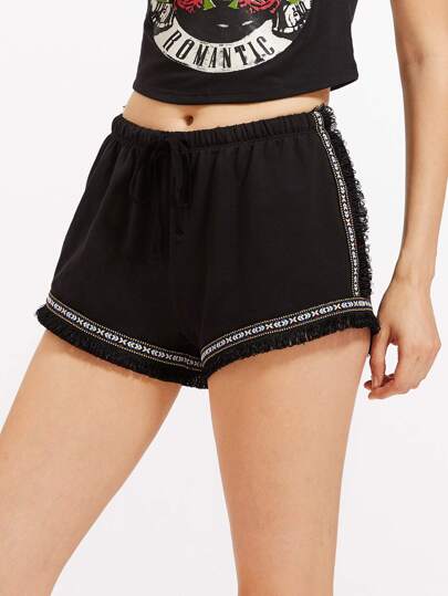 Embroidery Tape And Fringe Detail Shorts