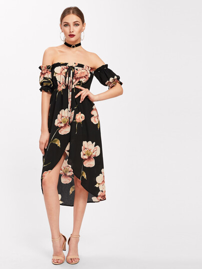 Bardot Tie Neck Frill Trim Tulip Hem Dress