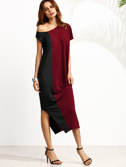 Two Tone Oblique Shoulder Split Dress
