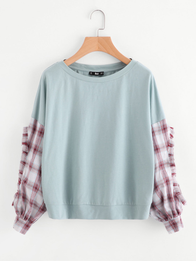 Sweat-shirt manche ruchée à carreaux