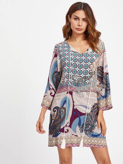Mixed Print Tassel Tied Neck Dress