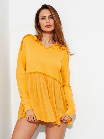 Drop Shoulder Frayed Detail Mixed Media Smock Hoodie