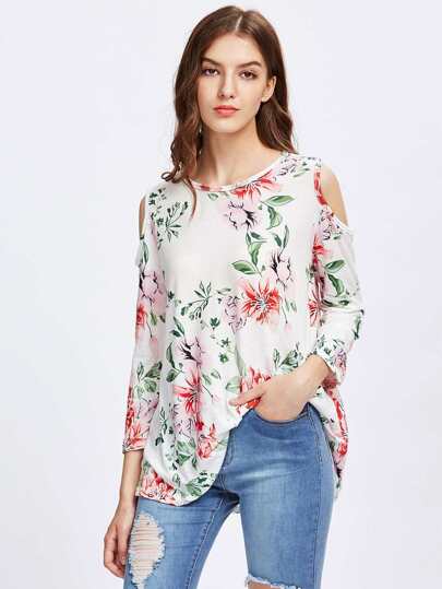 Allover Florals Open Shoulder Tee