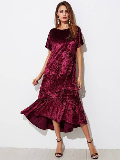 V Back Ruffle Dip Hem Crushed Velvet Dress