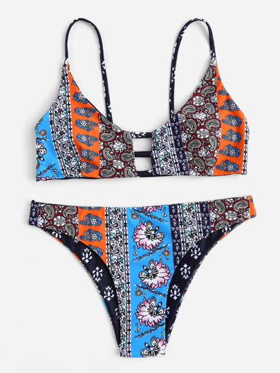 Retro Flower Print Caged Back Bikini Set