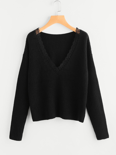 Pull-over col en V découpé en dentelle